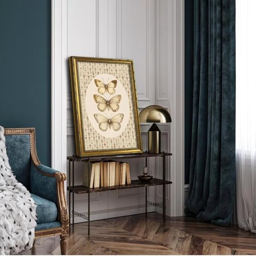 DR.RiftArt Vintage Butterfly Wall Art Antique Neutral Insect Decor Painting | Canvas Floral Background Artwork Print Picture Rustic Farmhouse Style for Living Room Bedroom Office 16x24 inch Gold Framed - color: There Butterfly, size: 24"L x 16"W