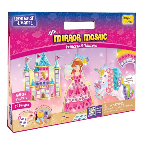 Imagimake Mirror Mosaic - Princess & Unicorn, 10 Templates, 950+ Stickers | Mess-Free Craft Activity, Screen-Free Creative Play, DIY Art Kit for Kids, Birthday Gift for Girls Ages 3,4,5,6,7 Years Old - style: 1. Princess & Unicorn