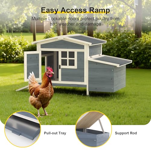 GOJOOASIS Chicken Coop for 2 Chickens Raised House with Ramp & Nesting Box | Outdoor Wooden Hen House for Small Animals, Backyard Chicken Hutch Poultry Cage, Waterproof Roof, Easy-Clean Tray, Grey - color: Grey