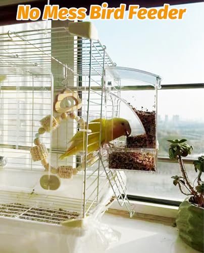 BNOSDM No Mess Bird Feeder Transparent Bird Food Container Automatic Parrot Feeder with Perch Parakeet Cage Accessories for Budgies, Canaries, Cockatoos, Finch and Lovebirds - color: Transparent