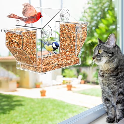 Window Bird Feeder with Dual Side Storage, Strong Suction Cups and Adhesive | High Capacity Outside Birdfeeder for Window, Close-up Viewing for Indoor Cats & Seniors, Ideal Nature Gift