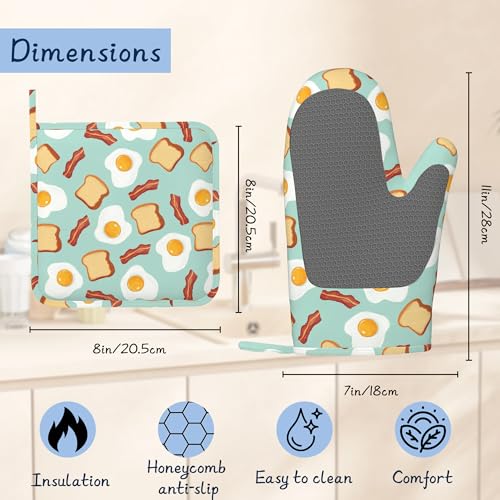 Heat Resistant Pot Holders and Oven Mitts,Funny Poached Eggs Extra Long Kitchen Oven Mitt Set,Cute Bread Cotton Lining Anti-Slip Waterproof Kitchen Mittens Hot Pan Holder for Baking Cooking Grilling - color: Funny Poached Eggs