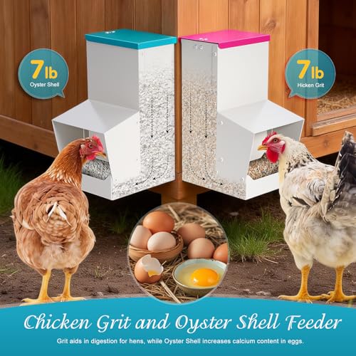 2PCS Metal Automatic Chicken Feeder, Wall Mount Hanging Poultry Feeder Dispenser with 2 Ports, 7lb Chicken Grit and Oyster Shell Feeder Trough No Waste for Outside Coop Quail Ducks Turkeys