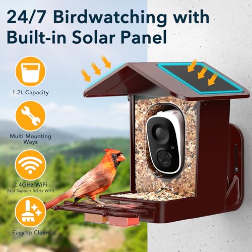 PeckCam® Bird Feeder with Camera Solar Powered 2K Live Video Auto Capture | AI Bird Species Identification, Instant App Alert, IP65 Waterproof, Easy Setup, Backyard Bird-Watching, Gift for Bird Lovers - color: Red