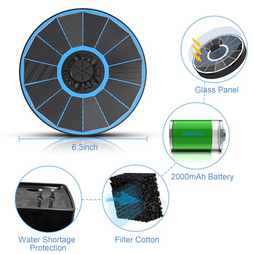 Yzert Solar Fountain with 2000 mAh Battery Backup Works in Cloudy, Glass Solar Powered Bird Bath Fountains with 7 Nozzles, 3.5 W Solar Fountain Pump for Birdbath,Garden, Outdoor, Pond - color: Blue