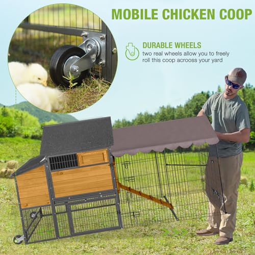 GUTINNEEN Large Chicken Coop with All Around Metal Frame Mobile Hen House with Wheels Weatherproof Duck House with Nesting Box, Outdoor Run, Perch, Leakproof Tray for 6-8 Chickens 85" L - size: 85.6"L x 48.2"W x 48.2"H
