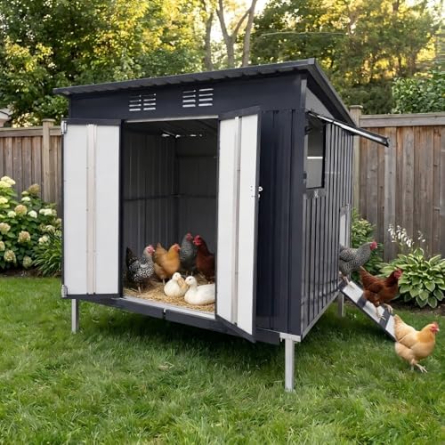 KEIKI Outdoor Galvanized Metal Chicken Coop Raised Base Pull Out Tray Grey | Outdoor galvanized chicken coop with raised base and pull out trays. Weatherproof poultry cage for backyard hen duck housing.