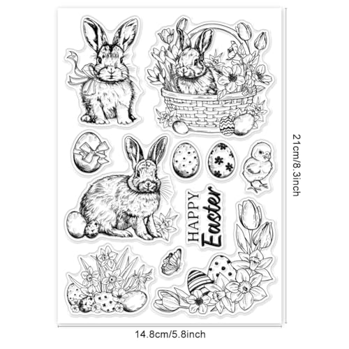 Vintage Rabbit Clear Stamps - 8.3x5.8, Happy Easter Words, Eggs, Flowers, Retro Bunny, Transparent Stamp for Card Making, DIY Paper Scrapbooking Decoration - color: Vintage Easter