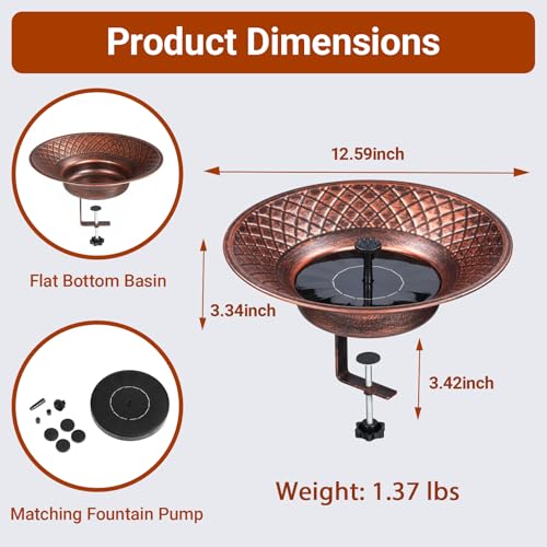 12.6" Deck Mounted Bird Bath for Outside, Metal Solar Powered Bird Bath | Bird Bath Fountain with Heavy Duty Railing Clamp for Balcony Fence, Detachable Deck Bird Bath for Garden - color: Bronze