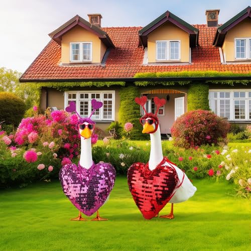 Abbylike 2 Sets Valentine's Day Porch Goose Outfits Love Heart Yard Goose Clothes Costume Fits Large 23'' Cement for Garden Yard Statue Pathway Decorations - style: Xoxo Valentine's Day