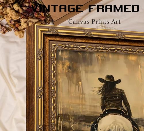 Vintage Gold Framed Western Cowgirl Wall Art Equestrian Rider in Sepia Tones Painting Canvas Prints Country Cowboy White Horse Picture Poster Rustic Farmhouse Artwork for Living Room Bedroom - color: Cowgirl, size: 16"L x 12"W