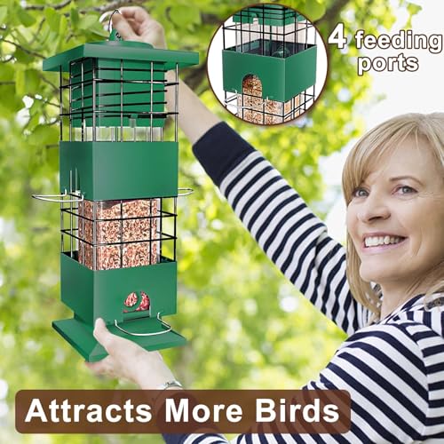 Squirrel Proof Bird Feeder, 3.5Lbs Metal Wild Bird Feeders Anti Squirrel with 4 Feeding Ports for Garden Bird Feeding Station Outdoors Hanging, Pigeon Resistant, Easy to Clean & Refill (Green) - color: Green