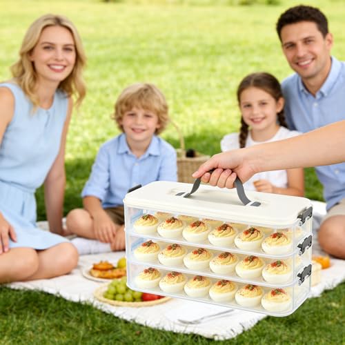 3-Layer Deviled Egg Container with Lid and Handle, Clear Plastic Deviled Egg Carrier for Fridge, Portable Stackable Eggs Holder Platter for Easter Party Picnics Camping Travel