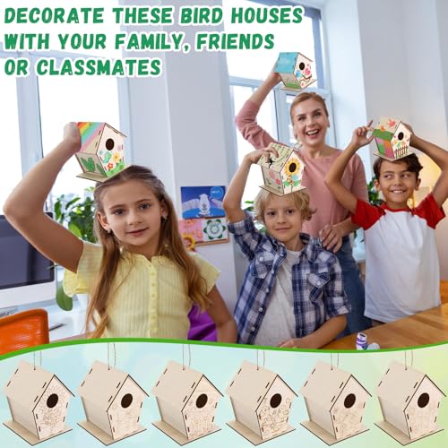 DoubleFill 24 Pack Wooden Bird House Bulk for Kids Birdhouse Kit Wood Houses for DIY Unfinished Hanging Birdhouse Kits, Wooden Craft Houses to Paint Family Camping Summer Crafts
