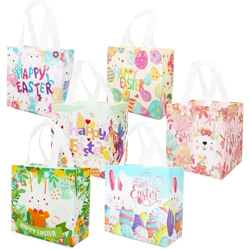 PARSUP 6PCS Happy Easter Egg Hunt Bags, Assorted Sizes, Easter Bunny Carrot Chick Egg Treat Bag with Handles, Non-Woven Gifts Wrapping, Egg Hunt, Spring Party Supplies - color: Blue Yellow Pink Green