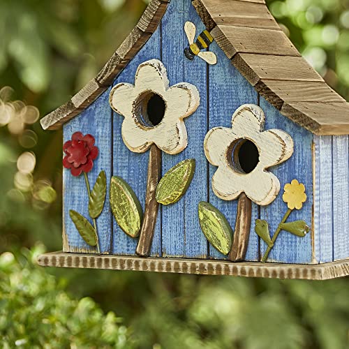 Glitzhome Hanging Birdhouses for Outdoors, 10.75" L Distressed Solid Wood Birdhouse Bird Nesting Box with 3D Flowers Rustic Hand-Painted Bird Houses for Outside - color: 3D Flowers Washed Blue