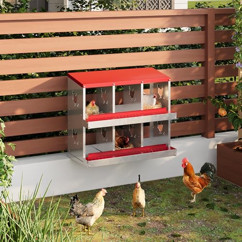 Chicken Nesting Boxes 6 Holes Galvanized Steel Rustproof Egg Laying Box with Egg Collection Systems, Hen Eggs Laying Box, Ventilated/Easy to Install, for Chicken Houses/Duck Houses/Hen - color: Red, size: 35.6"L x 17.3"W x 6.3"H