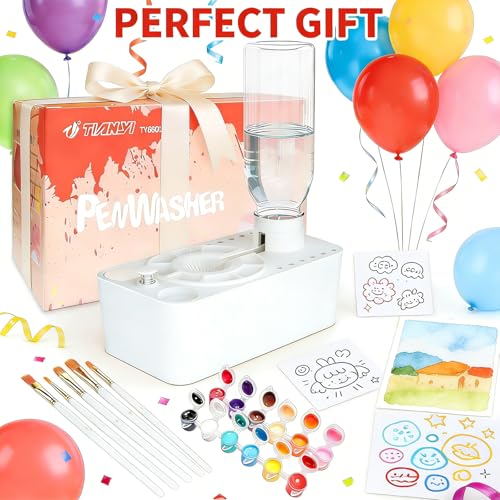 Paint Brush Cleaner Tool,Painting Running Water Circulation Art Supplies,with Brushes,Colors Paint,Watercolor Paper,Paint Station Creative Gift for Kids Girls Adult Artist Beginners (White) - color: White