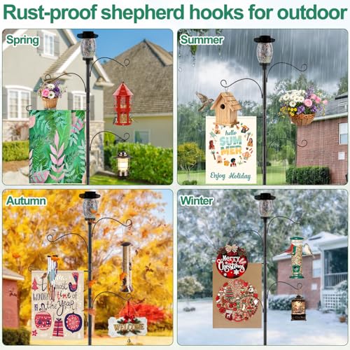 Camii Solar Shepherds Hooks for Outdoors, 80" Bird Feeder Pole with Light, Flag Holder, 5 Prongs Base, Garden Flag Holder for Hook Bird Feeder, Plant Baskets, Lantern