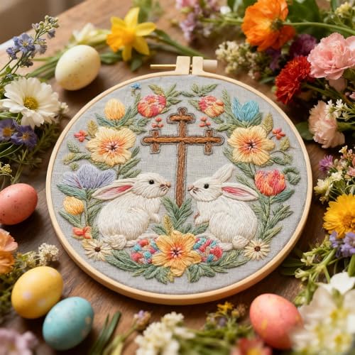 FONNUY Easter Rabbit Floral Cross Embroidery Kit, Easter Egg Happy Rabbits Bunny Stamped Pattern Kits for Audlt Beginners, Hand Works Crafts, 8 x 8'' (Happy Bunny 04) - color: Happy Bunny 04