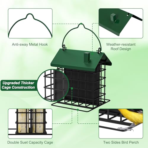Gbekery All-Metal Double Suet Bird Feeder for Outdoors Hanging, Suet Cake Cage Holder with Weather-Resistant Roof & Perch for Outside Garden, Green - color: Green