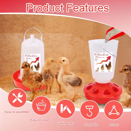 Chick Feeder and Waterer Set Top Fill 3.3LB Feeder and 0.4Gal Waterer with 3 Adjustable Heights Legs for Chicks