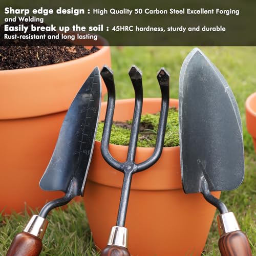 RESTMO Gardening Tools Set, 3-in-1, Carbon Steel, Wooden Handle, Brown | Heavy duty gardening tools kit. Includes trowel, transplanter, cultivator. Ergonomic wooden handle. Ideal gardening gifts. - size: Gardening Tool Set