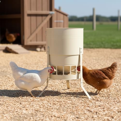 KOL Chicken Feeder No Waste for Coop & Outdoors, 16 Port 50lbs Poultry Feeder with Spill-Control Design, Rust-Proof Powder Coated Metal & Smooth Safe Edges (Jade White) - color: Jade White