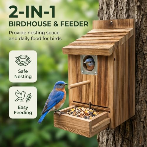 2-in-1 Bird House Feeder Carbonized Wood Outdoor Birdhouse Bluebirds|Carbonized Wood Birdhouses for Outdoors Clearance, Hanging Outdoor Birdhouse for Bluebird Wren, Casitas para Pajaritos - color: Pull-out
