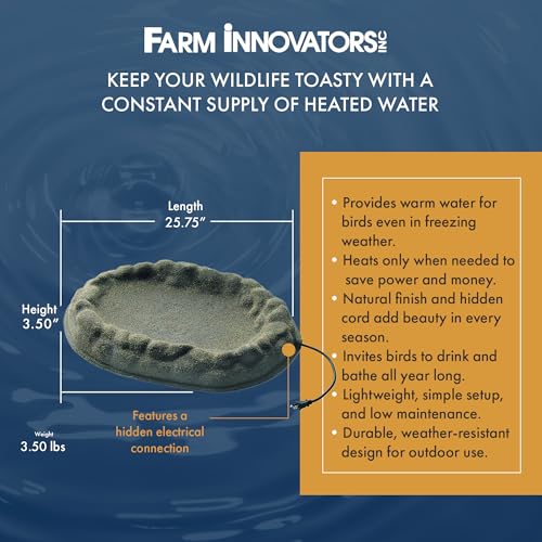 Farm Innovators Heated Bird Bath, Four Seasons Outdoor Decor Shallow Bath Tray for Birds - Backyard & Garden Birdbath with Sand Coated Design | Thermostatically controlled sand-coated oasis with enclosed heating element, cord tucks away for year-round use