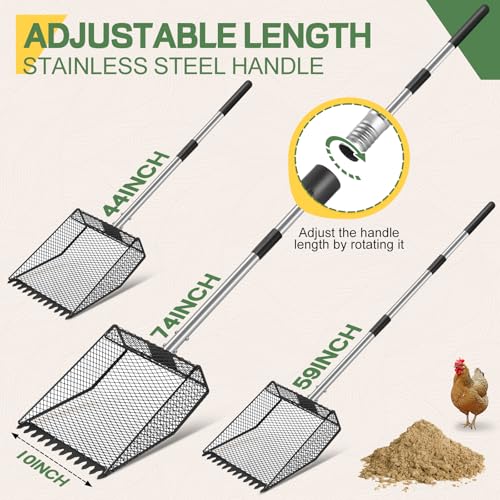 Updated Chicken Poop Scooper and Rake, 2-in-1 Chicken Poop Litter Scoop Sand Rake, Stainless Steel Handle (43–73"), Litter Scooper & Sand Sifting Shovel, Good for Chicken Coops & Farm Animals Scoop