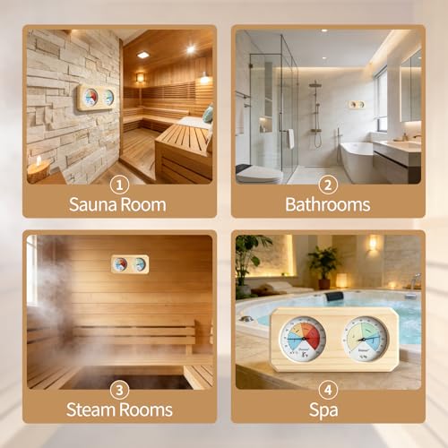 2-in-1 Sauna Thermometer Hygrometer, Finnish Pine | Color Coded Comfort Dial, Solid Wood Craft, °F/°C Dual Scale, Battery-Free Wall Mount, Fits Steam & Home Sauna