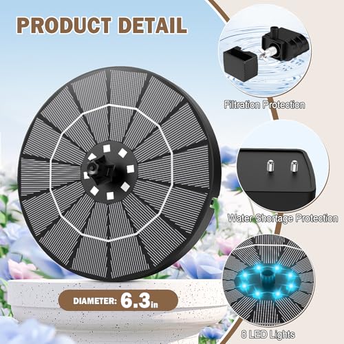 Yzert Solar Fountain for Bird Bath Colorful Lights Automatic Cycle 3.5W Solar Water Fountain Outdoor Garden 2200mAh Battery