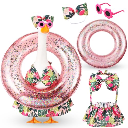 Bikini Porch Goose Outfits with Sunglasses and Swimming Tube for 23" Summer Goose Costume Garden Patio Statue Decor(Flower) - style: Flower