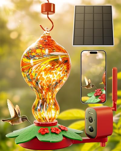 Hummingbird Feeder with Camera – 2.5K 5MP Solar-Powered Glass Bottle Smart Humming Bird Feeder with AI Recognition, Upgraded Leak-Proof & Ant Moat, Instant Alerts, Works with Alexa & Google Assistant
