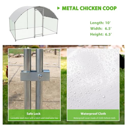 NUGRIART Large Metal Chicken Coop Walk-in Poultry Cage with Water-Resident and Anti-UV Cover Duck Rabbit Cat House Outdoor Chicken Run Pen with Round Roof - size: 6.5’L×10’W×6.5’H