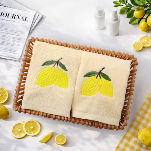 SmoothNovelty 2 Pcs Lemon Hand Towels Yellow Bathroom Decor 14x29 Inch | Embroidered Bathroom Hand Towels, 100% Cotton, Soft Absorbent, Spring Summer Bathroom Kitchen Decor - style: Lemon