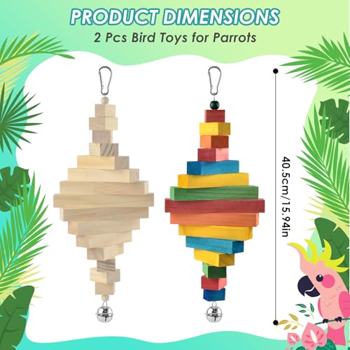 DBNESS 2 Pcs Bird Toys, 15.94in Large Parrot Foraging Toys for Beak Grinding, Wooden Block Bird Chewing Toys for Macaws Eclectus Cockatoo African Greys Amazon Parrots - size: 15.94in