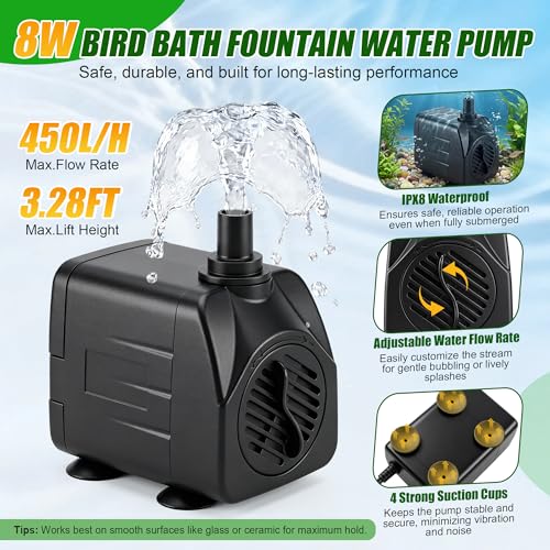 All Weather Electric Bird Bath Fountain, 8W Water Pump Resin Granite Rock | 2 Nozzles and 3 Adjustable Flow Modes, IPX8 Waterproof Outdoor Fountain Pump for Bird, Birdbath, Fish Tank, Ponds