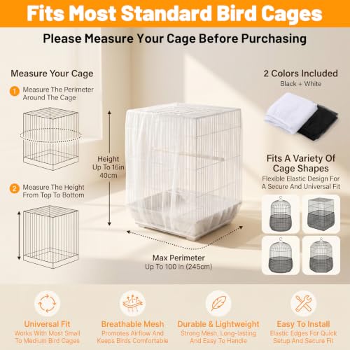 Amaxiu 4 Pack Bird Cage Seed Catcher, Mesh Netting Bird Cage Skirt Cover, | Adjustable Breathable, Universal Elastic Seed Catcher Net for Bird Cages, Parrot Parakeet Cage Accessories, Black and White
