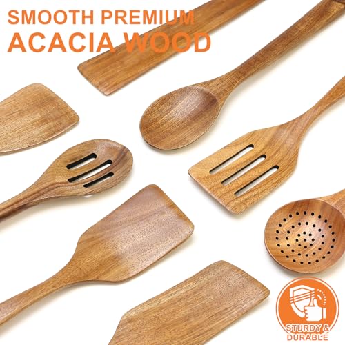 Acacia Wood Kitchen Utensil Set Wooden Spoons for Cooking Turner Spatula | 8 Pcs Best Bamboo Non Toxic Cooking Utensils Scraper Spurtle Kitchen Slotted Cooking Spoon Flat Egg Flipper Wok Spatula Set - color: 8Pcs-Utensils