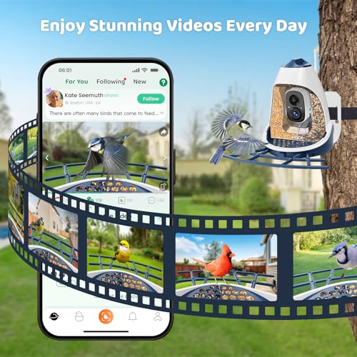 Smart Bird Feeder with Camera, Dual Seed Chambers &Squirrel-Proof, Solar-Powered HD Camera Birdfeeder with Free AI Birds Species Recognition, Real-Time App Alerts–Ideal Gift for Bird Lover - color: Blue