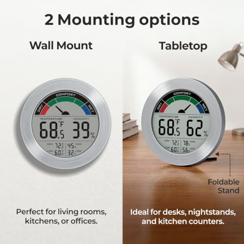 Digital Hygrometer Indoor Thermometer, Brushed Metal Frame, Silver | Large round display, clear digits, accurate readings, comfort gauge, humidity meter, room temperature and humidity monitor - color: Silver Stainless