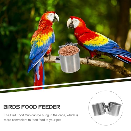 POPETPOP 2 Pcs Bird Parrot Feeding Double Cups with Clip - Stainless Steel Bird Bowls for Cage, Food Feeder Cups Hanging Bowl for Cage Stand Accessories