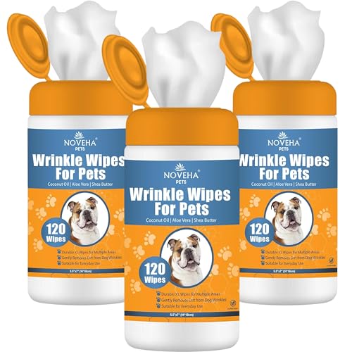 NOVEHA 5”x7” Large Dog Wipes | Wipes for Bulldog, French Bulldog, Pug, English Bulldog | Deodorizing, for Multiple Areas Removes Dirt, Wrinkles, Folds, Tear Stain, Tail Pocket & Paws (3PK-120 Counts) - size: 360 Wrinkle Wipes