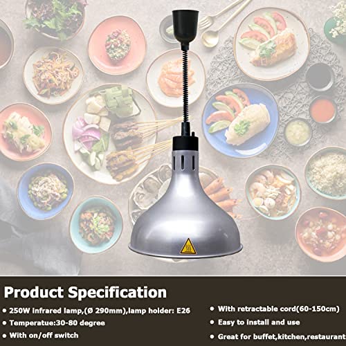 KOUDA Commercial Food Warmer Lights Telescopic Heating Lamps for Buffet Kitchen Restaurant (Dia.29cm,Adjustable Height.60-150cm) (Silver)