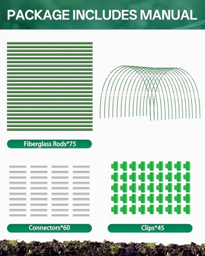 75 PCS Rust-Free Garden Hoops for Raised Beds with Garden Netting Clips | PVC-Coated Greenhouse Hoops, Garden Tunnel Hoops Kit, Plant Support for Row Cover, Netting, Shade Netting, Frost Protection - size: 75PCS
