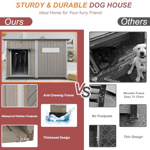 Outdoor Dog House Weatherproof, Wooden Puppy Shelter with Anti-Chewing Iron Frame and Elevated Floor, Sturdy Dog Kennel for Small, Medium & Large Dogs (Gray, 51" L x 29" W x 32" H) - size: 51" L x 29" W x 32" H