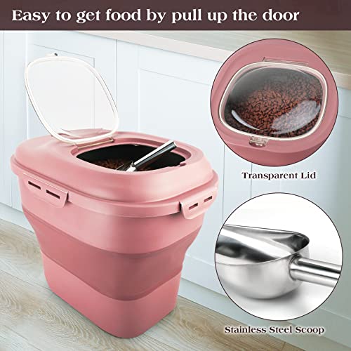 TIOVERY Dog Food Storage Container, Airtight Collapsible 13lb to 30lb Pet Food Container with Flip Top, Rolling Wheel, Scoop and a small container for Dog Cat Food and Dry Food of Rice, Flour - color: Pink
