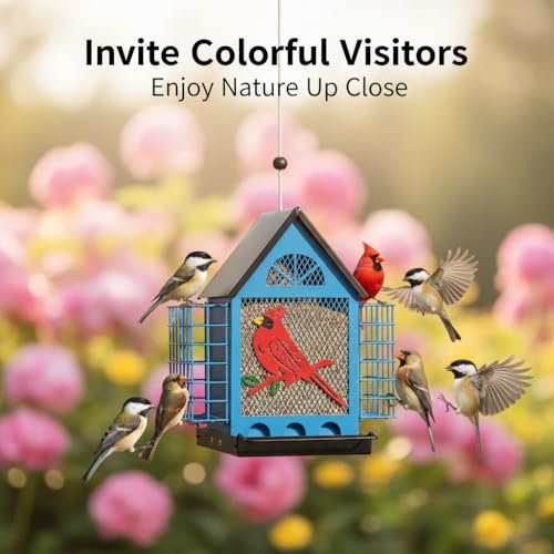 Blue House Metal Bird Feeder - 20" Hanging Wild Bird Feeder with Decorative Accents, Large Capacity Outdoor Birdfeeder for Cardinals and Songbirds, Perfect Garden Gift